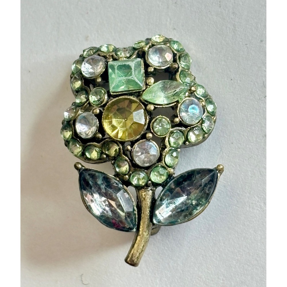 Vintage 1960s Rhinestone Flower Brooch Mid Century Green Prong Set Pin